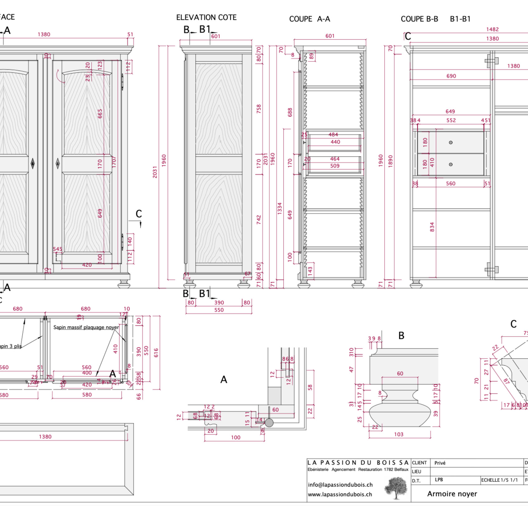 Plan technique d'une armoire avec des mesures détaillées, pour avoir toutes les informations pour la fabrication. 