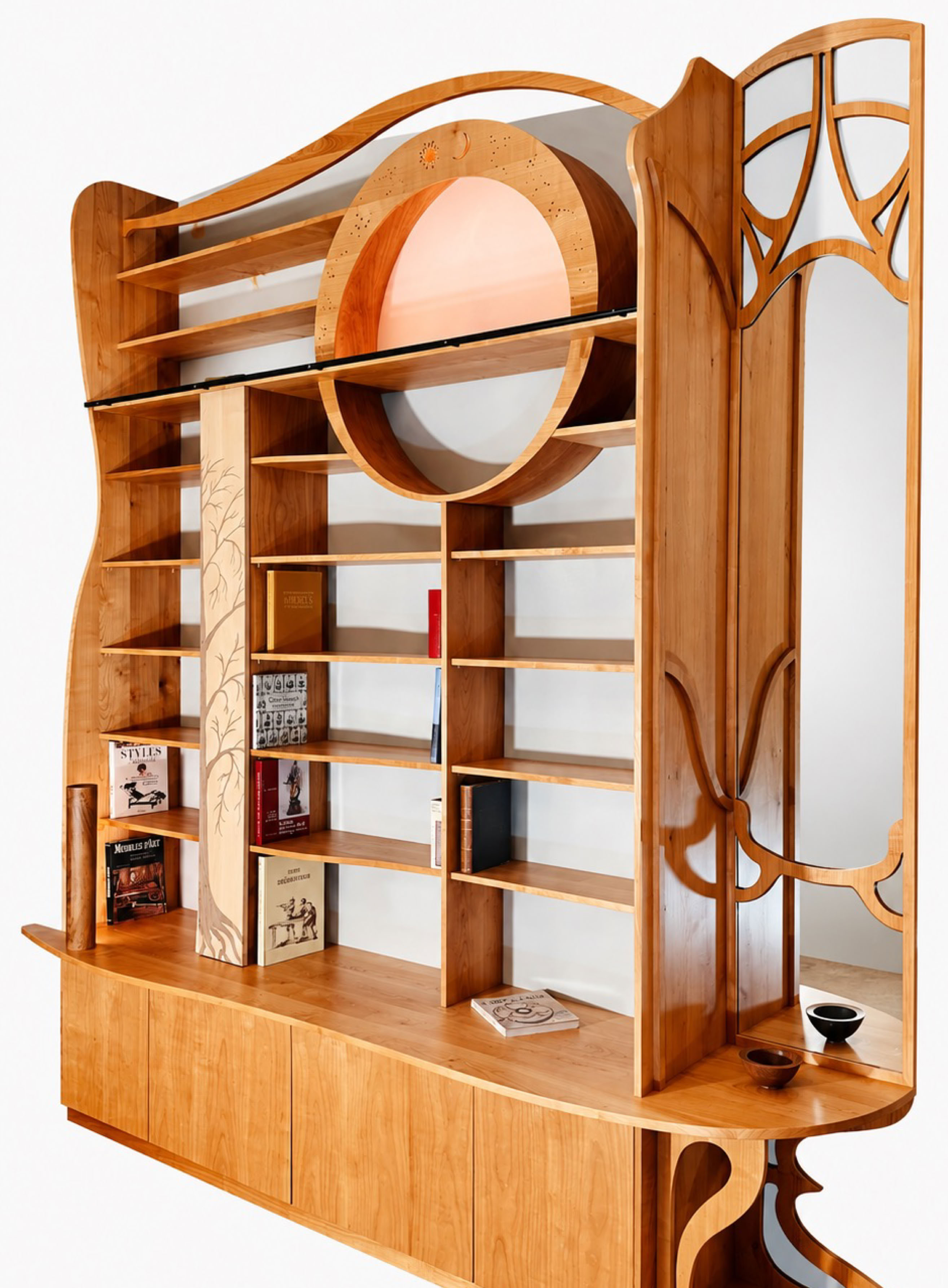 Bibliothèque cerisier, porte et incrustations de marqueterie, LED